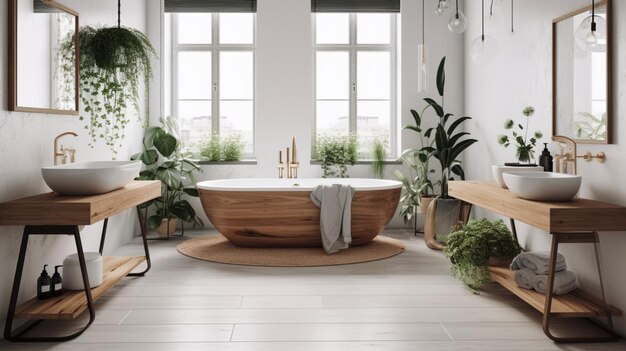 Un bagno con vasca in legno e piante