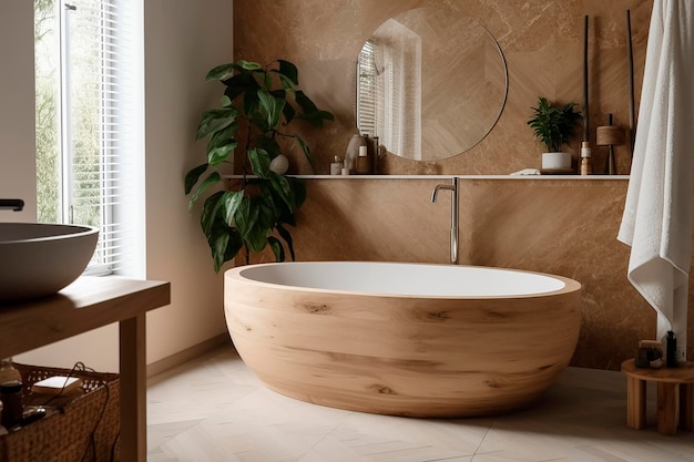 Un bagno con vasca in legno e specchio.