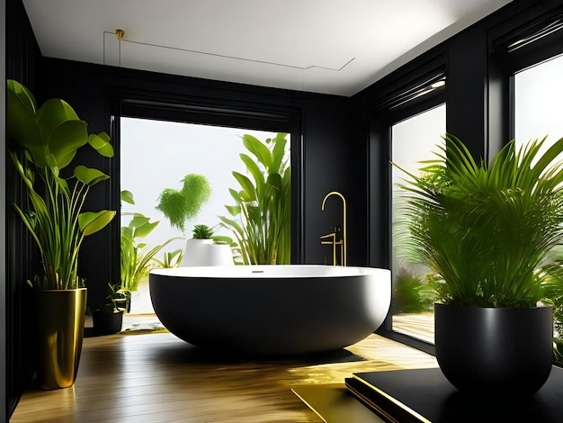 Un bagno con vasca nera e piante.