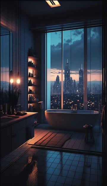 Un bagno con vista su Chicago di notte.