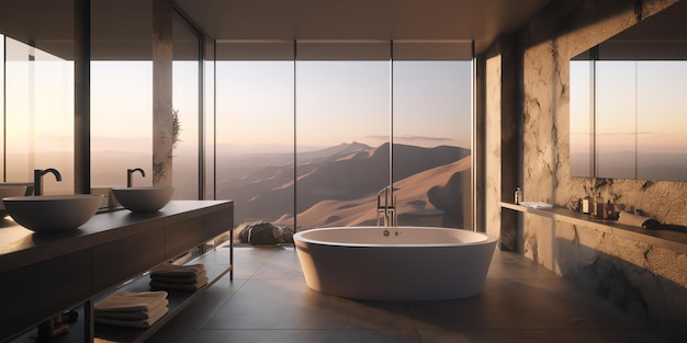 Un bagno con vista sulle montagne e sul cielo