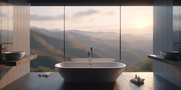 Un bagno con vista sulle montagne e una vasca con vista sulle montagne in lontananza.