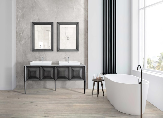 Un bagno dal design moderno con cabina doccia e mobiletto del bagno. Illustrazione di rendering 3D