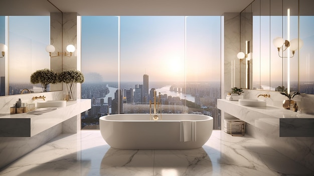Un bagno lussuoso e moderno con eleganti ripiani in marmo, vasca autoportante e panoramica