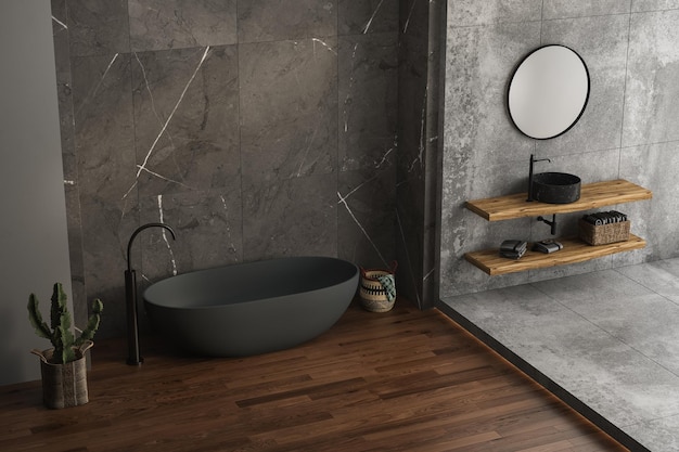 Un bagno moderno con un minimo di vanità in legno specchio ovale lavandino nero marmo pareti in ceramica pavimento in cemento piante e cestini accessori per il bagno e una moderna vasca antracite rendering 3d