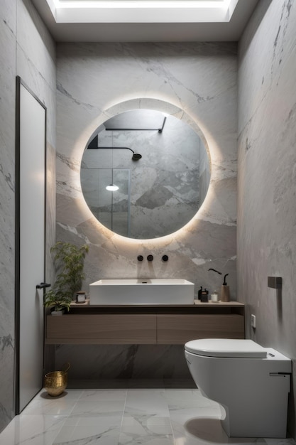 Un bagno moderno elegante e elegante con uno specchio circolare sopra il bagno