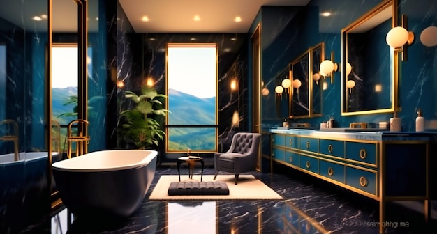 Un bagno padronale nero e blu con mobili in oro e marmo