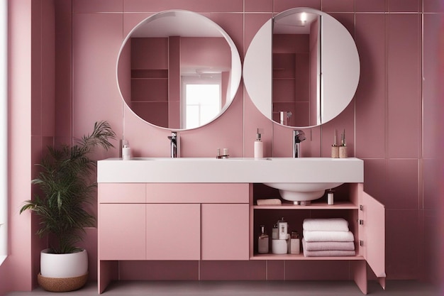 un bagno rosa con lavandino e specchio e una mensola rosa con asciugamani.