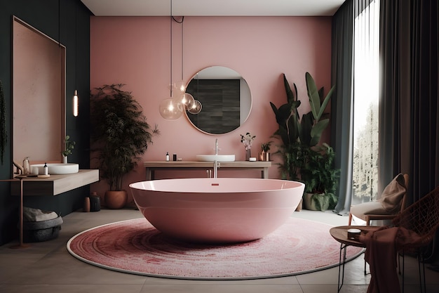 Un bagno rosa con uno specchio rotondo e una vasca da bagno rosa.