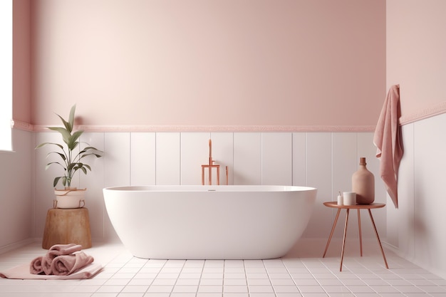 Un bagno rosa con vasca bianca e una pianta alla parete.