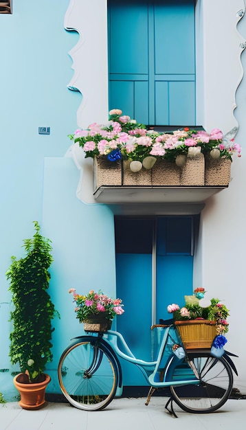 Un balcone con dei fiori sopra e una bicicletta davanti