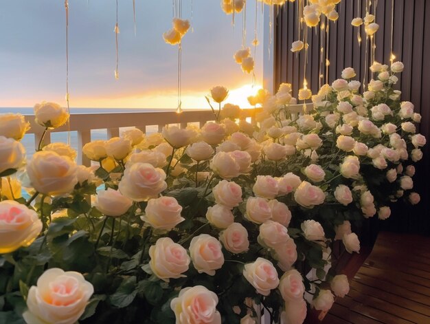 Un balcone con fiori e un tramonto sullo sfondo