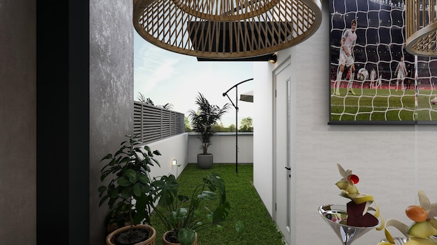 Un balcone con giardino sullo sfondo