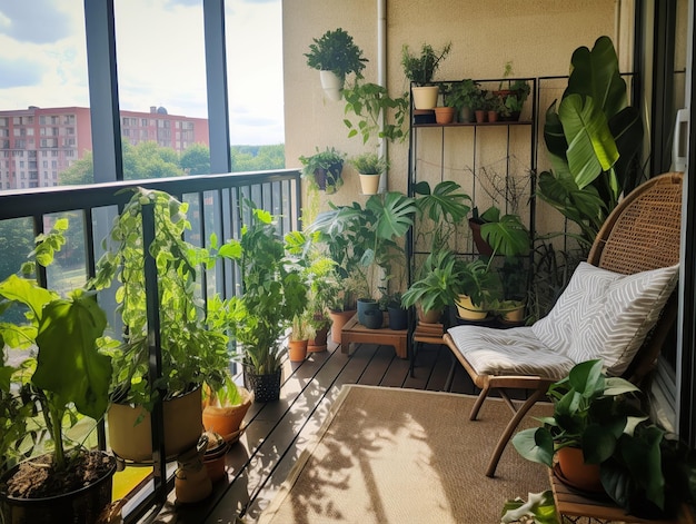 Un balcone con piante sul balcone e una sedia con un cuscino bianco.