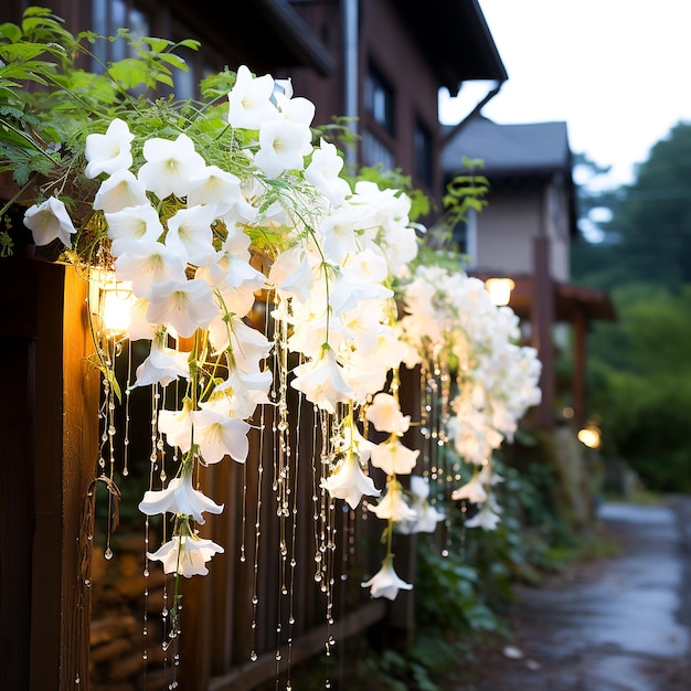 Un balcone con un fiore rosa appeso al soffitto Generato da AI