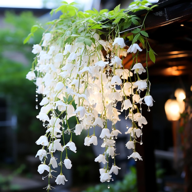 Un balcone con un fiore rosa appeso al soffitto Generato da AI