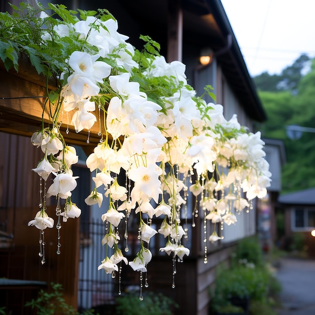 Un balcone con un fiore rosa appeso al soffitto Generato da AI