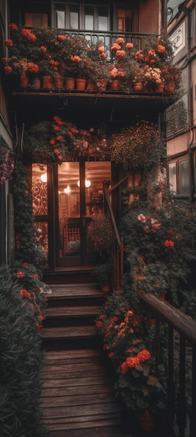 Un balcone con un giardino fiorito sul lato sinistro.