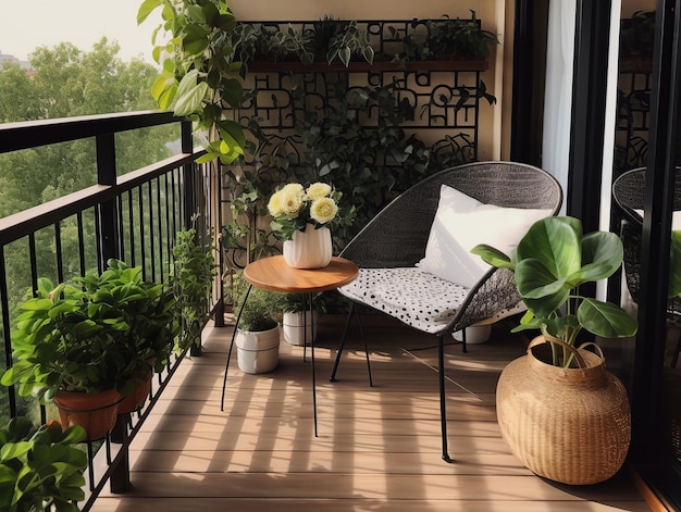 Un balcone con una fioriera e una sedia sul balcone.