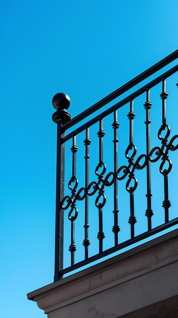 Un balcone con una ringhiera di ferro nero e un cielo blu sullo sfondo con un orologio in cima al