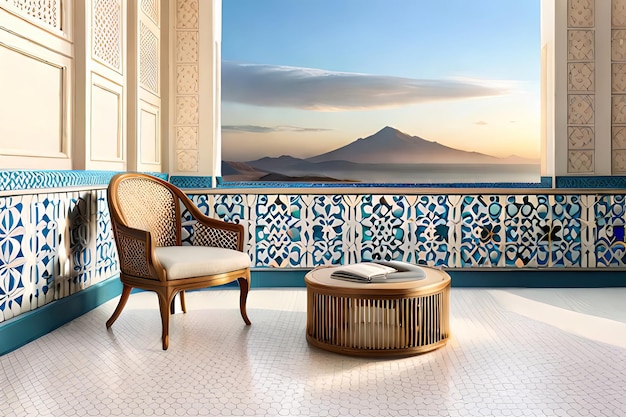 Un balcone con vista su una montagna e un pavimento di piastrelle bianche e blu.