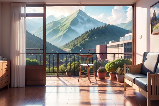 Un balcone con vista su una montagna e una sedia sul balcone.