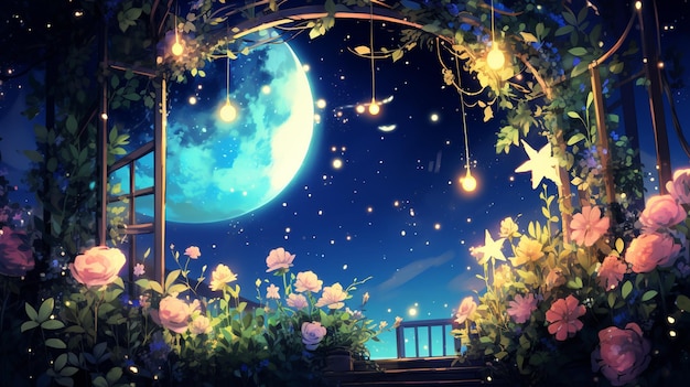 un balcone con vista sulla luna e sui fiori.