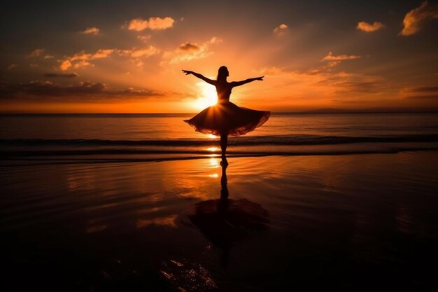 Un ballerino sta ballando sulla spiaggia al tramonto.