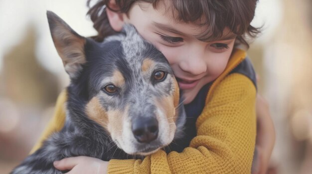 Un bambino abbraccia affettuosamente il suo cane blu Heeler con una grande area di copyspace