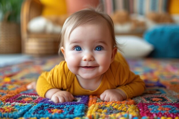 Un bambino adorabile che raggiunge le pietre miliari dello sviluppo che mostra la gioia dell'esplorazione della prima infanzia