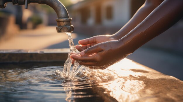 Un bambino africano allunga le mani verso un rubinetto d'acqua pulita