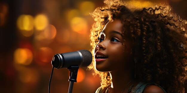 Un bambino africano canta in un microfono Foto di alta qualità AI generativa