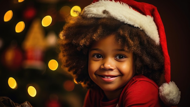 Un bambino afro-americano sorride felicemente con il cappello di Babbo Natale per la celebrazione della stagione, un concetto creato con la tecnologia Generative AI