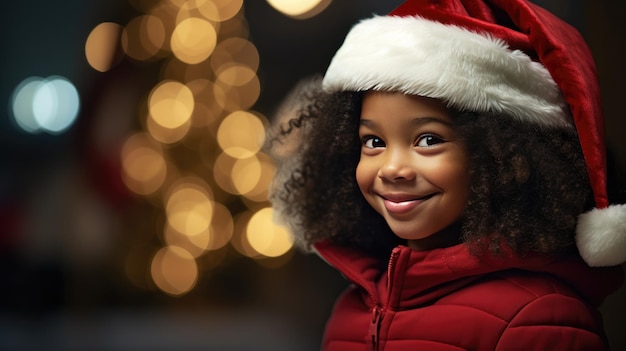 Un bambino afro-americano sorride felicemente con il cappello di Babbo Natale per la celebrazione della stagione, un concetto creato con la tecnologia Generative AI