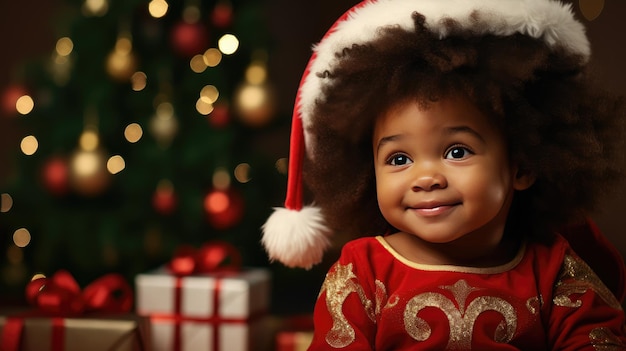 Un bambino afro-americano sorride felicemente con il cappello di Babbo Natale per la celebrazione della stagione, un concetto creato con la tecnologia Generative AI