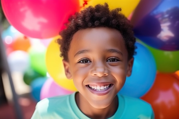 un bambino afroamericano felice e sorridente festeggia il suo compleanno con colori vivaci e vibranti