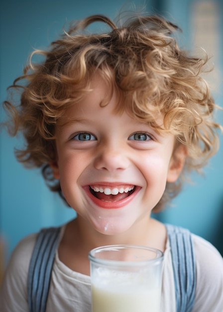 Un bambino americano beve felicemente il latte
