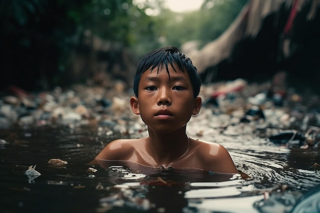 Un bambino asiatico triste nuota in un fiume pieno di rifiuti IA generativa