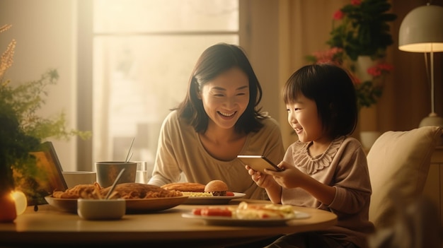Un bambino asiatico usa il cellulare in soggiorno con la mamma e fa colazione