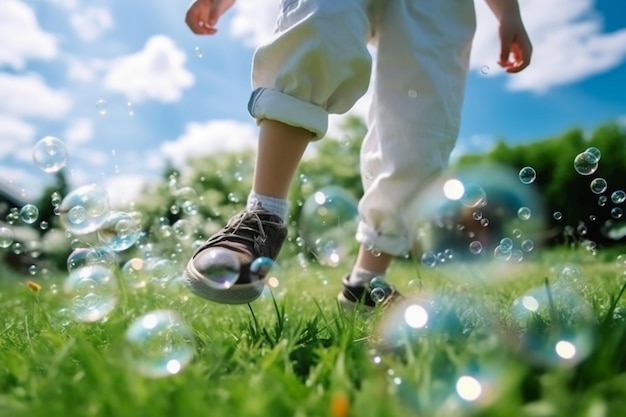 Un bambino attraversa un campo di bolle di sapone.