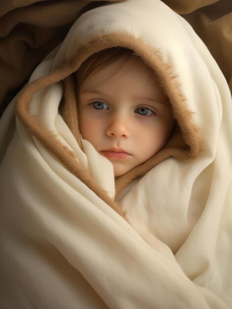 un bambino avvolto in una coperta con una pelliccia marrone