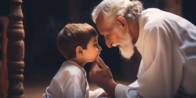 Un bambino bacia le mani del nonno durante la festa del Ramadan o di Sheker Bayram