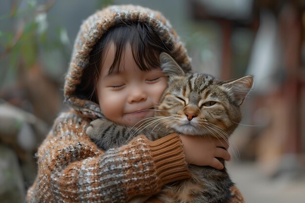 Un bambino carino abbraccia un gatto di strada senzatetto