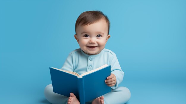 Un bambino carino che legge un libro.