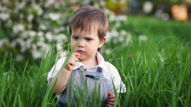 Un bambino carino con una tuta blu e gli occhi azzurri gioca in modo divertente nell'erba verde alta in un parco fiorito verde