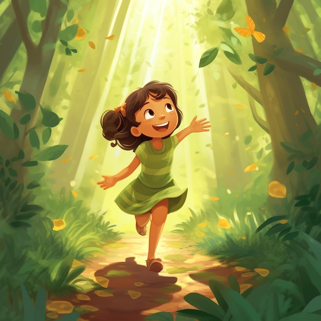 Un bambino carino corre nell'illustrazione della foresta