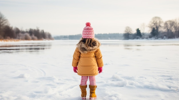 Un bambino carino in età prescolare sta giocando sul ghiaccio di un lago o di un fiume ghiacciato in un inverno freddo e soleggiato