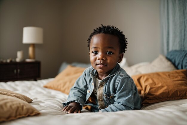 un bambino carino sul letto di fronte alla fotocamera con faccina sorridente