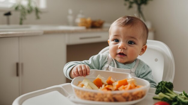 Un bambino caucasico sano e adorabile seduto nella sua poltrona sta felicemente consumando crudo vegano