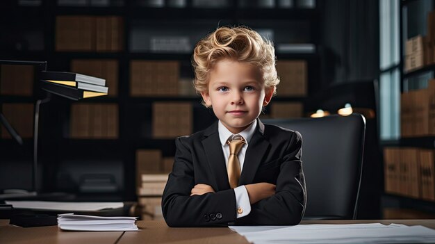 Un bambino CEO carino posa in un posto di lavoro contemporaneo